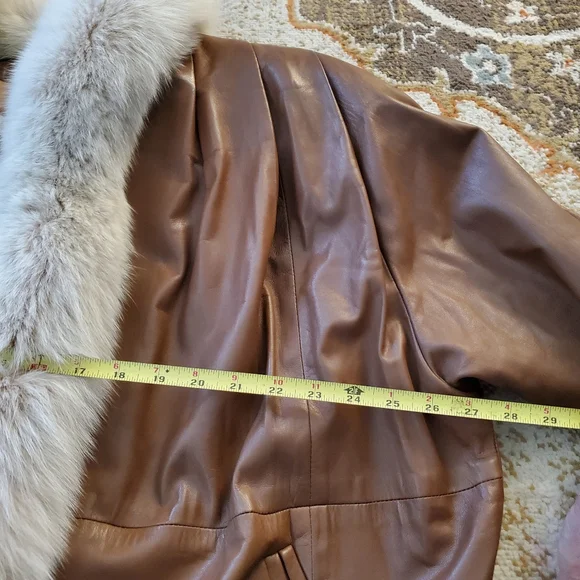 STAVROS Vtg Penny Lane Leather Coat Fox Fur Trim 80s - Picture 7 of 16
